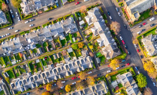Roofs of UK terraced houses shot from above